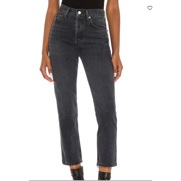 AGOLDE Riley Faded Black Frayed Leg Button Fly Jeans - Picture 1 of 9